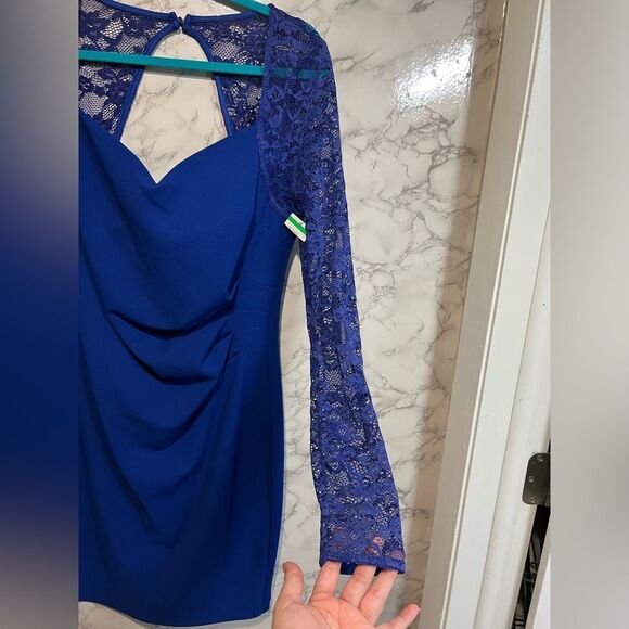 NEW GUESS Lace Sleeve Scuba Crepe Sheath Dress, Cobalt, Size 14 Long Sleeves - Picture 6 of 15